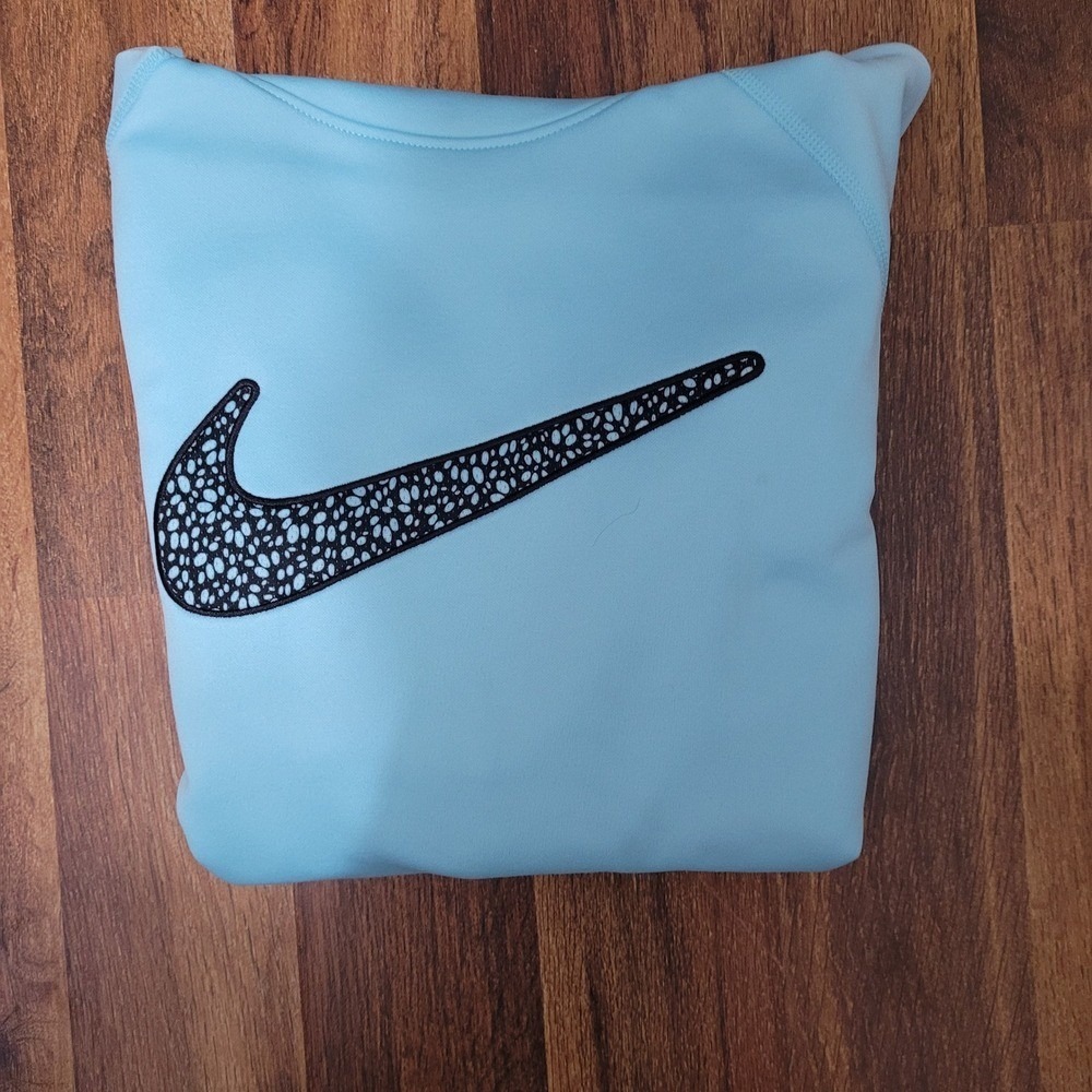 Nike Therma-FIT Hoodie Pullover Sweatshirt Floral Swoosh Light Blue L‎ FLAW